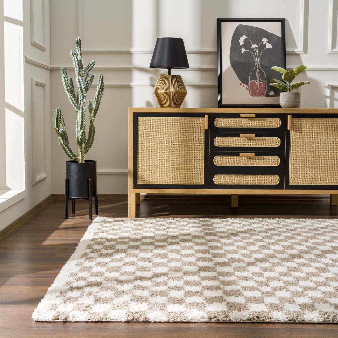 Kieu Light Gray & Taupe Checkered Area Rug - Sweet Water Decor - Rugs