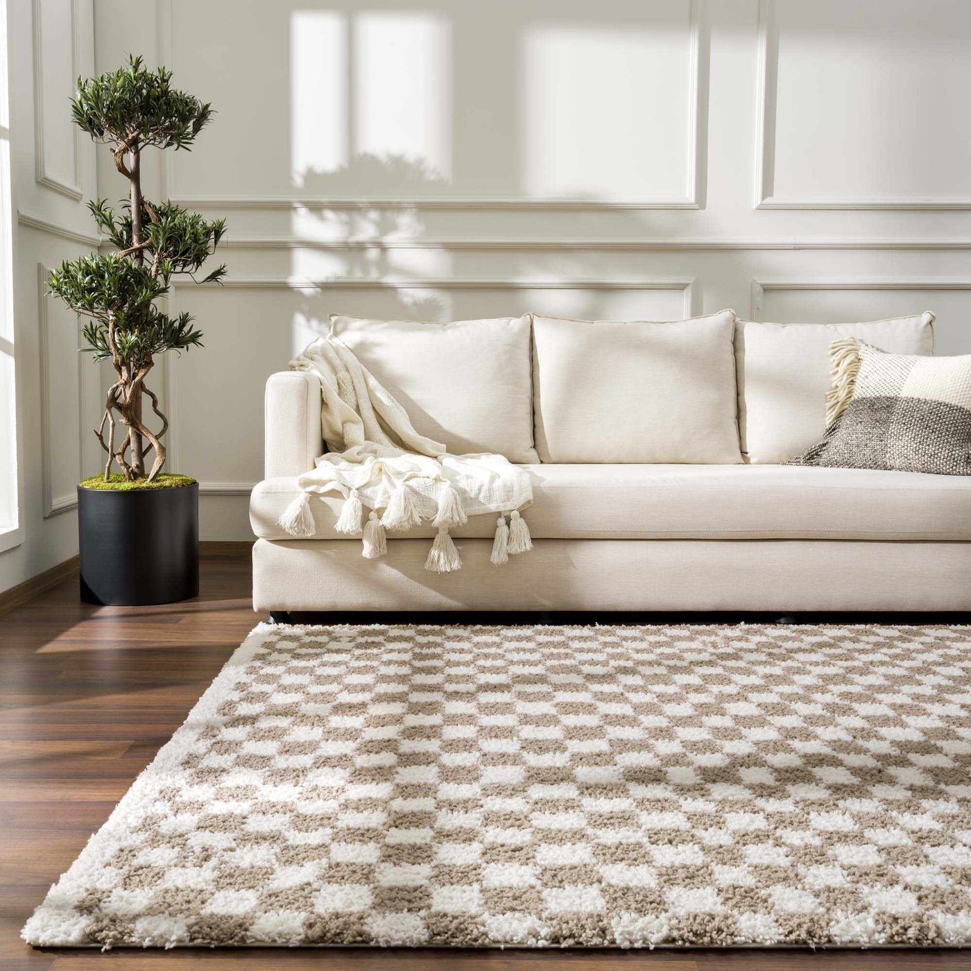 Kieu Light Gray & Taupe Checkered Area Rug - Sweet Water Decor - Rugs