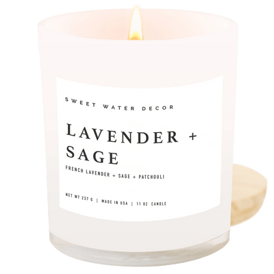 Lavender and Sage Soy Candle - White Jar - 11 oz - Sweet Water Decor - Candles