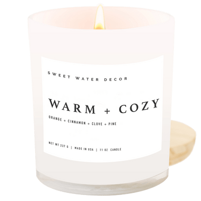 Warm and Cozy Soy Candle - White Jar - 11 oz - Sweet Water Decor - Candles