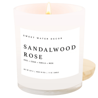 Sandalwood Rose Soy Candle - White Jar - 11 oz - Sweet Water Decor - Candles