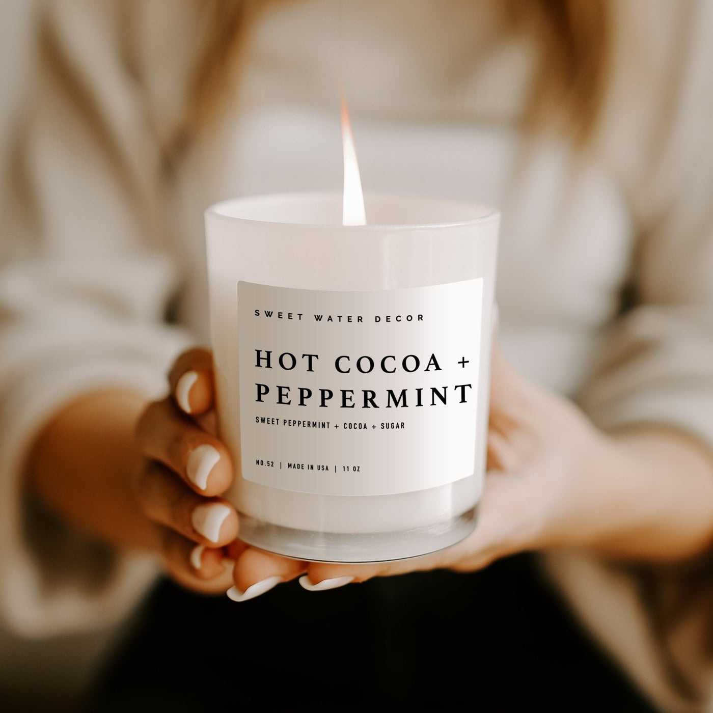 Hot Cocoa and Peppermint Soy Candle - White Jar - 11 oz - Sweet Water Decor - Candles