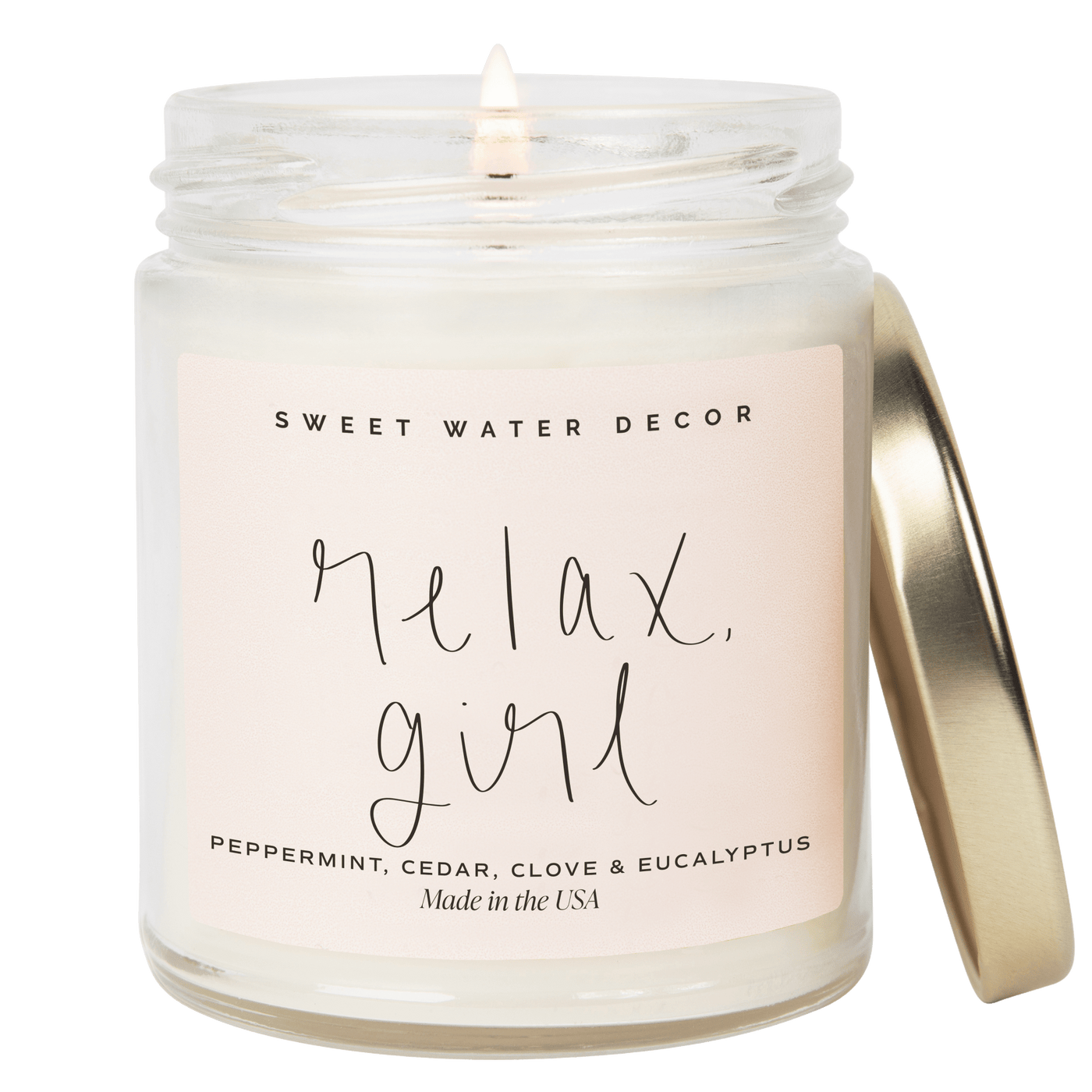 Relax, Girl Soy Candle - Clear Jar - 9 oz - Sweet Water Decor - Candles