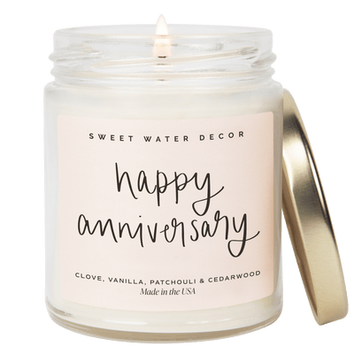 Happy Anniversary Soy Candle - Clear Jar - 9 oz (Palo Santo Patchouli) - Sweet Water Decor - Candles