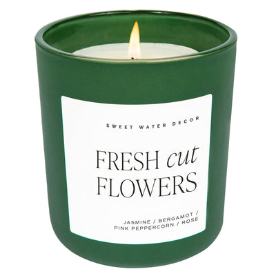 Fresh Cut Flowers Soy Candle - Green Matte Jar - 15 oz - Sweet Water Decor - Candles