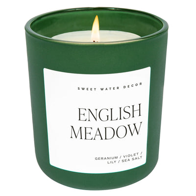 English Meadow Soy Candle - Green Matte Jar - 15 oz (Wildflowers and Salt) - Sweet Water Decor - Candles