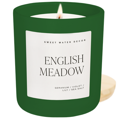 English Meadow Soy Candle - Green Matte Jar - 15 oz (Wildflowers and Salt)