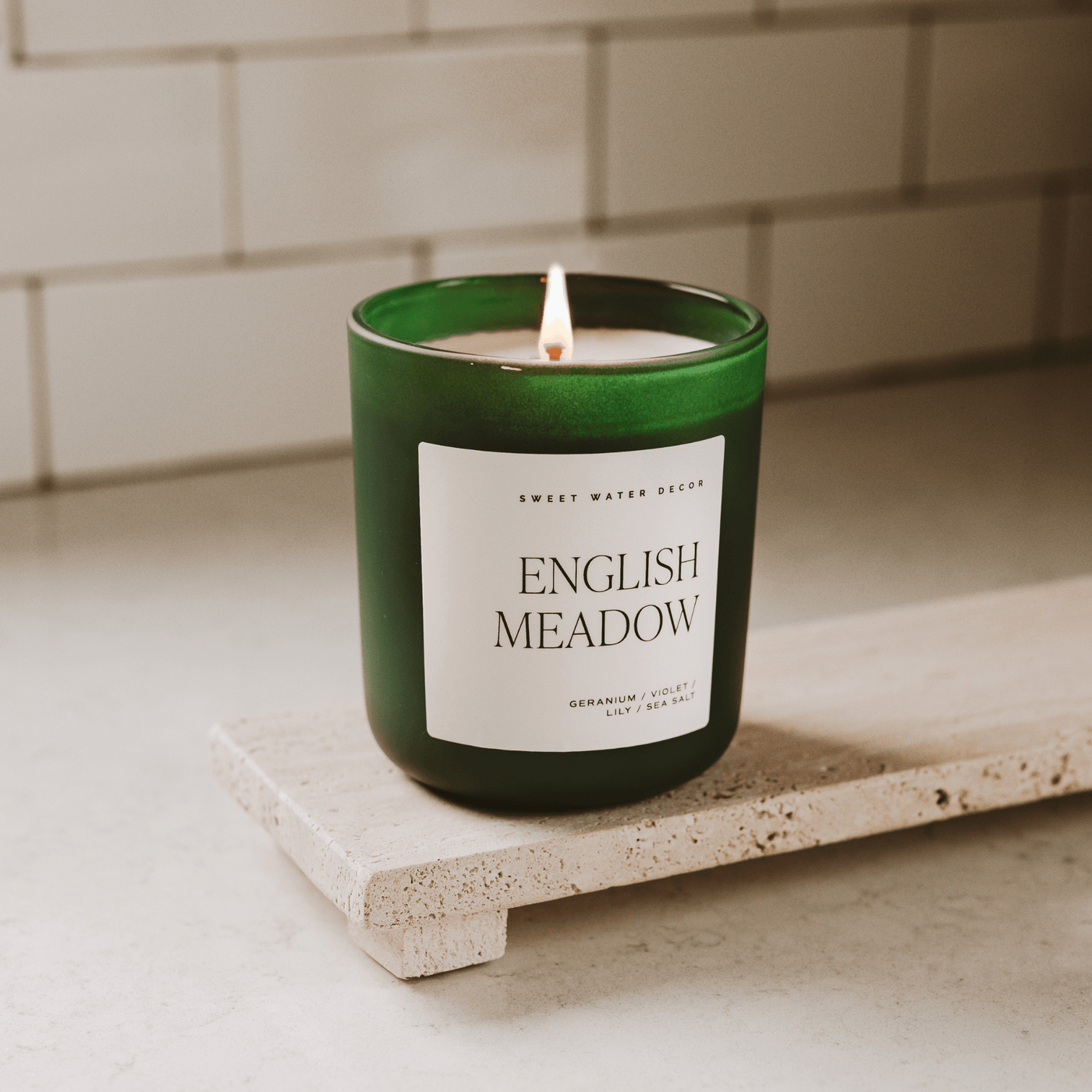 English Meadow Soy Candle - Green Matte Jar - 15 oz (Wildflowers and Salt) - Sweet Water Decor - Candles