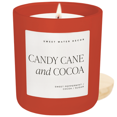 Candy Cane and Cocoa Soy Candle - Red Matte Jar - 15 oz (Hot Cocoa and Peppermint) - Sweet Water Decor - Candles