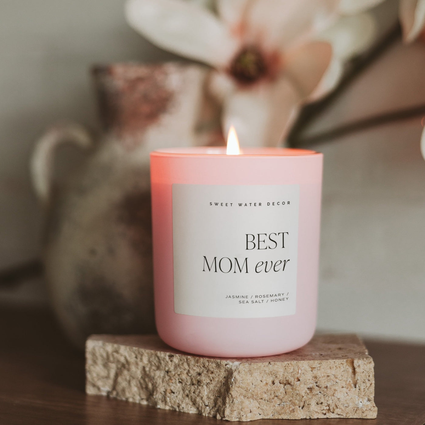 Best Mom Ever Soy Candle - Pink Matte Jar - 15 oz (Wildflowers and Salt) - Sweet Water Decor - Candles