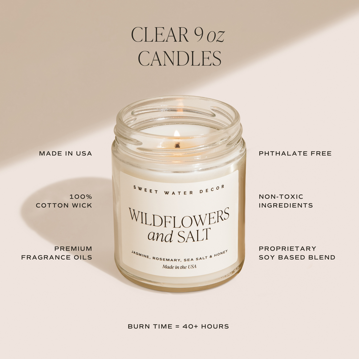 Clean burning candles made in USA premium fragrance oils 100% cotton wick non-toxic ingredients phthalate free