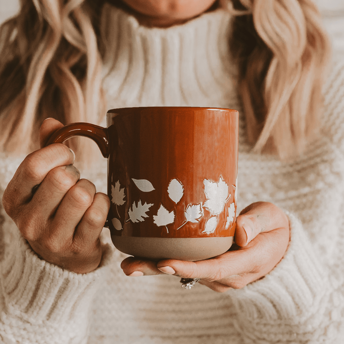 Fall Leaves 14oz. Orange Stoneware Coffee Mug - Sweet Water Decor - Coffee Mugs