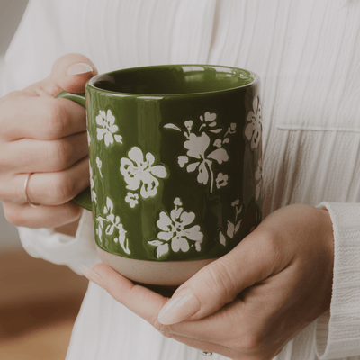 Green Floral 14oz. Stoneware Coffee Mug