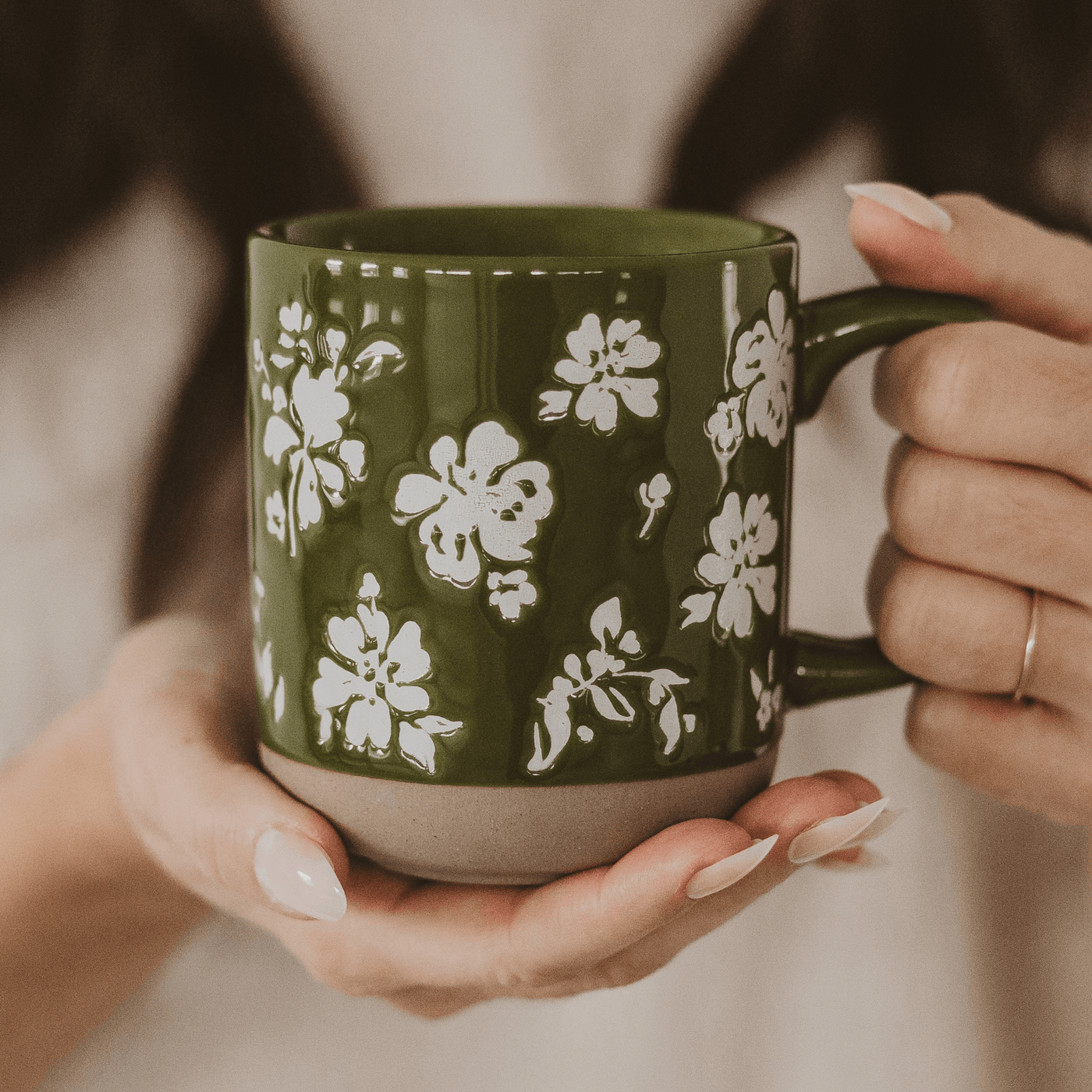 Green Floral 14oz. Stoneware Coffee Mug