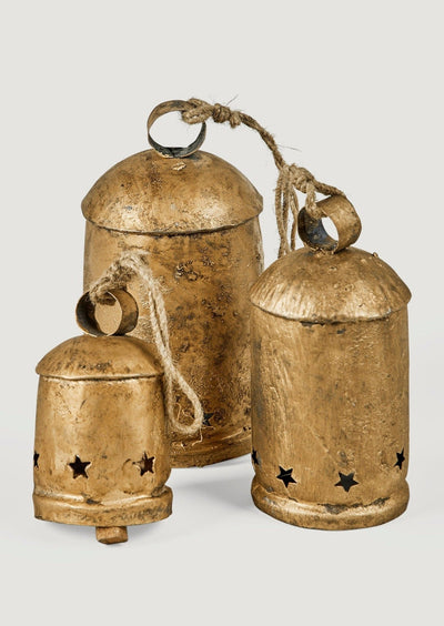 Set of 3 Antique Gold Metal Bell Holiday Ornaments - 6", 8.5", 10" - Sweet Water Decor - Decorations