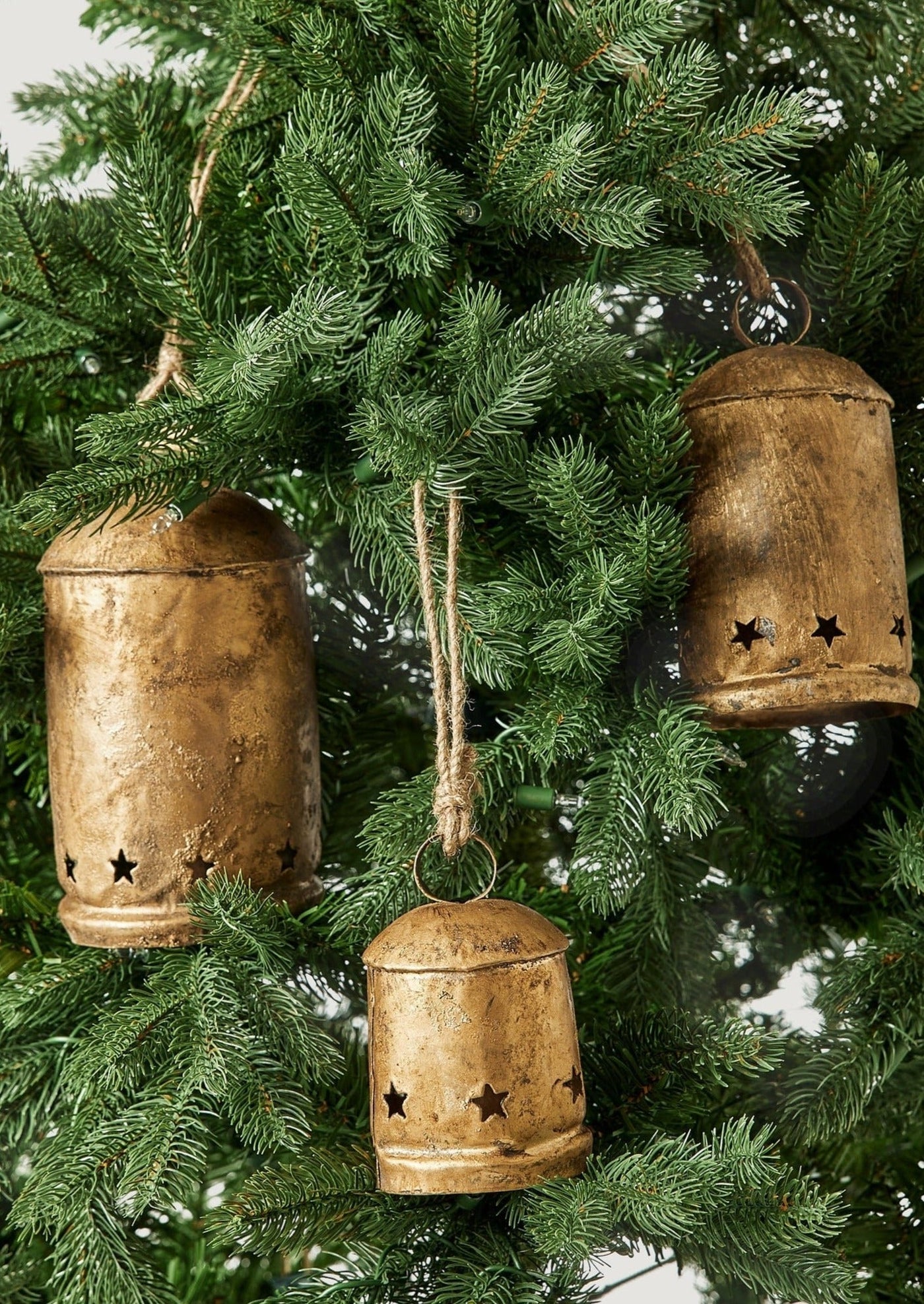 Set of 3 Antique Gold Metal Bell Holiday Ornaments - 6", 8.5", 10" - Sweet Water Decor - Decorations