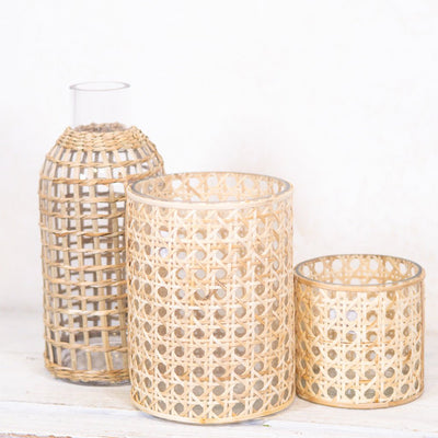 Cane Webbing and Glass Votive Tall - Sweet Water Decor - vase