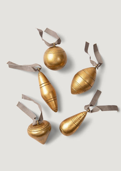 Set of 5 Gold Holiday Hand - Carved Wood Ornaments - Sweet Water Decor - ornaments